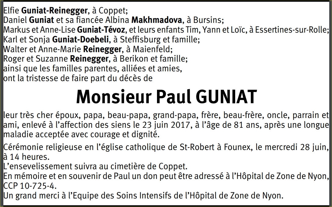 Paul GUNIAT : avis de la famille (TDG 27 juin 2017)